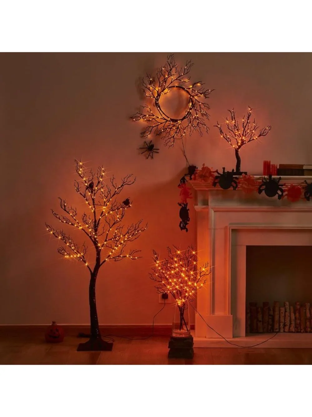 Glittery Black Halloween Tree with 150 Orange Fairy Lights for Indoor/Outdoor